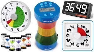 Collection of visual timers: analog, digital, and sand timers.