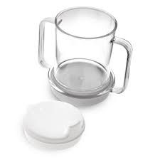 Clear plastic handled cup with a white base and lid.