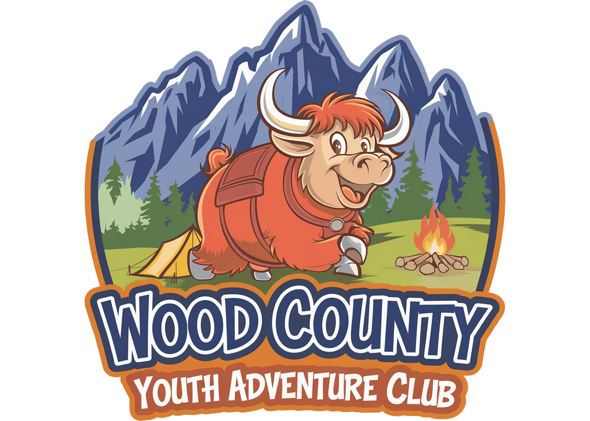 Wood County Youth Adventure Club logo featuring a smiling yak wearing a backpack standing near a campfire and tent, with mountains and trees in the background. The text “Wood County Youth Adventure Club” appears below the illustration in bold lettering.