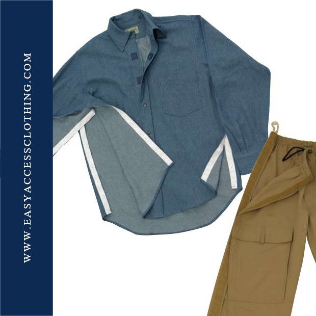 Blue button-down shirt and tan pants with side openings for easy dressing. Website logo on the left.