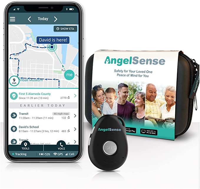 Smartphone app showing location tracking, AngelSense device and carrying case.