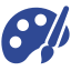 Blue artist's palette with three paint splotches and paintbrush.