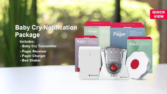 Baby cry notification package includes a baby cry transmitter, pager receiver, charger, and bed shaker.