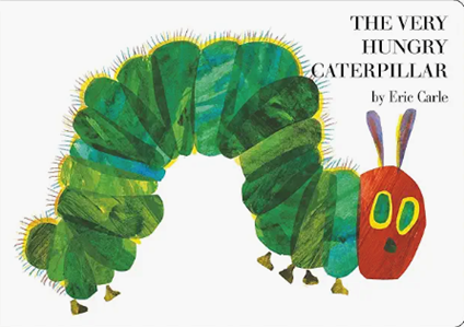 The Very Hungry Caterpillar book cover: colorful caterpillar on a white background.