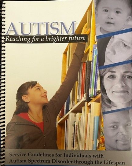 Woman reaching for a book on a shelf. Cover of a booklet about autism, featuring faces and text.