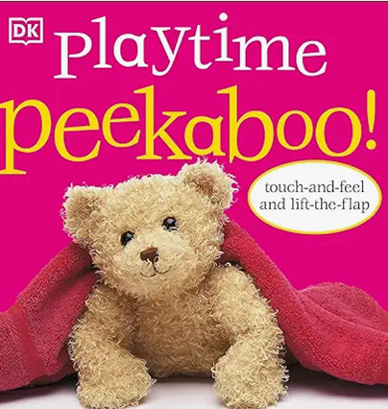 Book cover: Pink background, teddy bear peeking from red blanket, 
