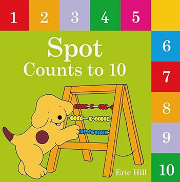 Spot, the puppy, counting to ten with an abacus on a book cover.