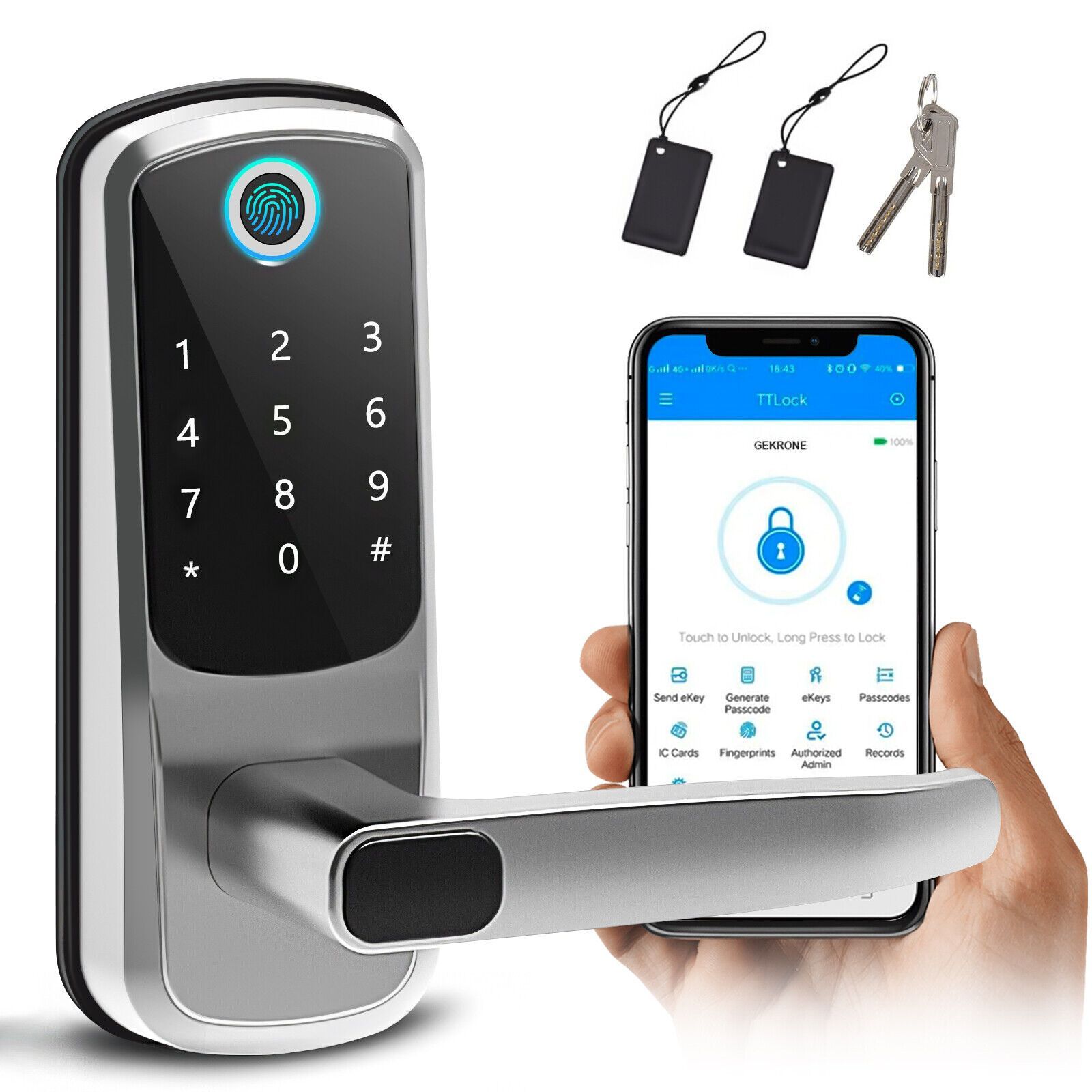 Smart door lock with keypad, fingerprint sensor, app, keys, and access tags. Silver and black.
