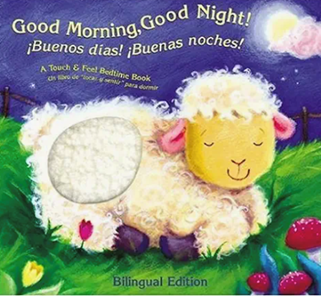 Cover of a bilingual bedtime book: a fluffy sheep in a grassy field under a moon.
