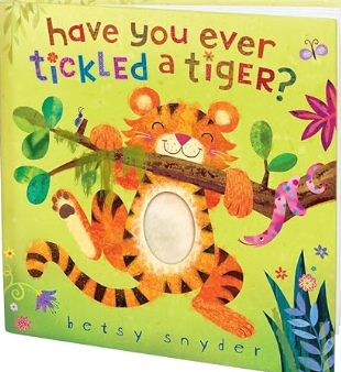 A children's book cover. Orange tiger smiling while hanging from a tree branch. Green background with colorful text.