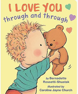 Boy hugging a teddy bear, text 