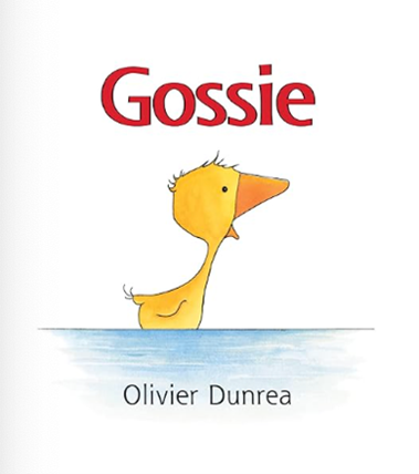 Gossie the duck with a yellow body and orange beak on a blue watery setting.