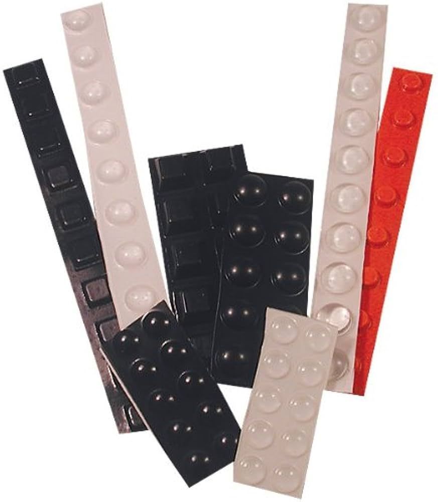 Assorted rubber bumper pads in black, red, and off-white with dome and square shapes.