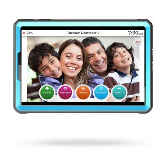 Blue tablet displays a smiling family during a video call. Icons below include games, messages, photos, and video call.