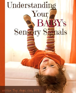 Book cover: Baby upside down, wearing orange and striped pants. Title: Understanding Your Baby's Sensory Signals.