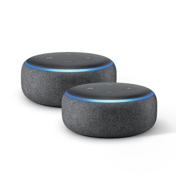 Two charcoal gray Amazon Echo Dot smart speakers.