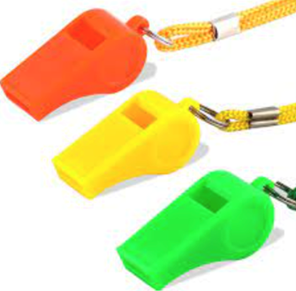 Three brightly colored plastic whistles: orange, yellow, and green, each with a lanyard.