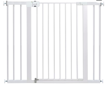 White metal safety gate, pressure-mounted, spanning doorway.