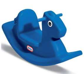 Blue plastic rocking horse toy with seat and handles.