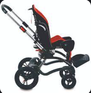 A red and black stroller with large rear wheels and smaller front wheels, for a child.