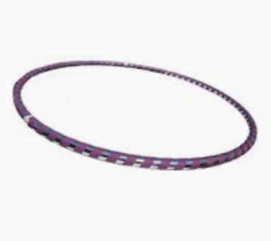 Purple and white hula hoop, lying on a white surface.