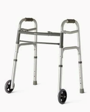 Silver walker with black hand grips and wheels, designed for mobility assistance.