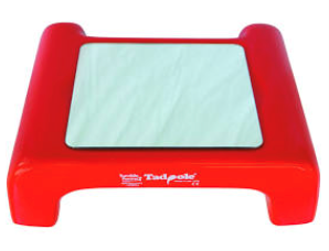 Red children's drawing board with a light green drawing surface.