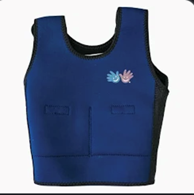 Blue therapy vest with two hand logo.