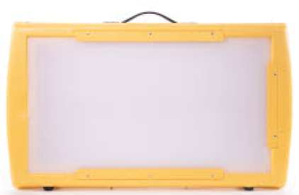 Yellow drawing board with white surface and black handle.