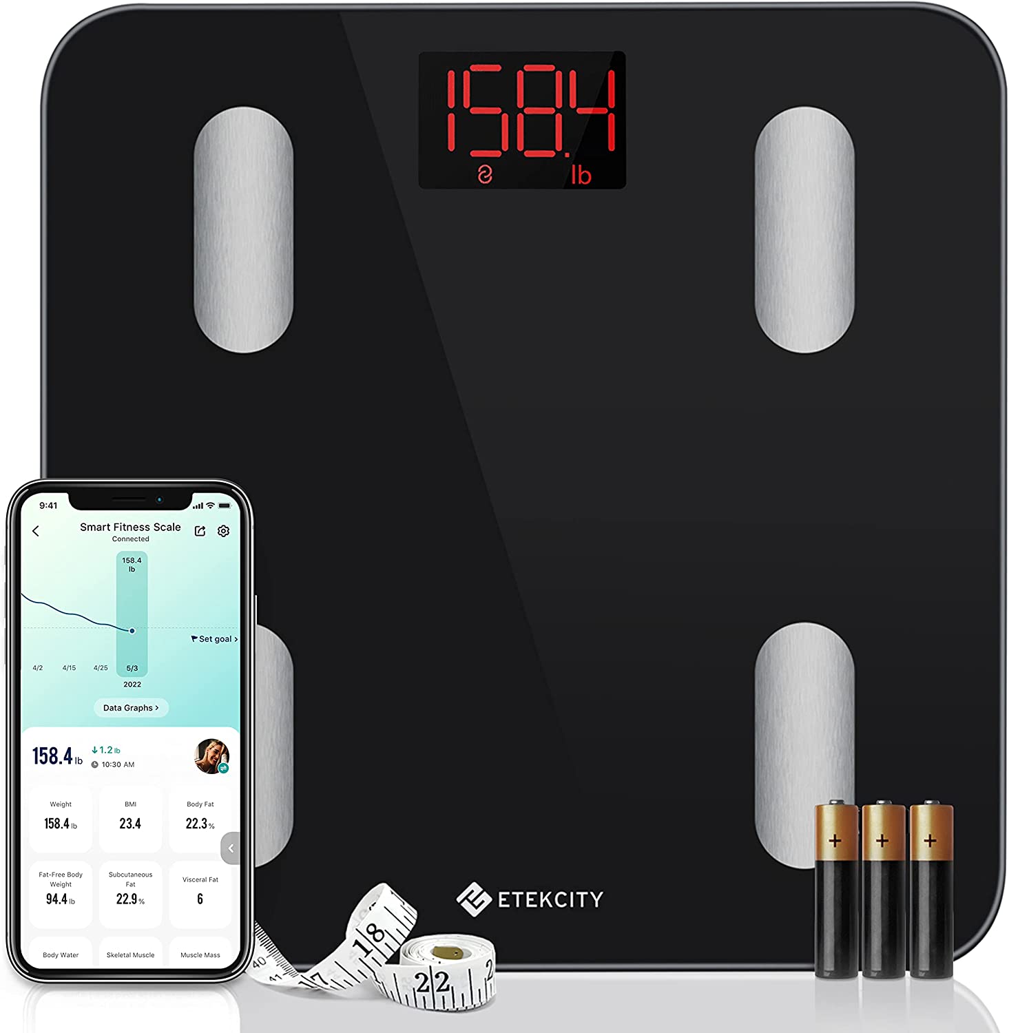 Black smart scale with red display showing weight, phone displaying app, measuring tape, and batteries.