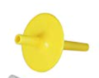 Yellow plastic funnel with a small spout, viewed from the side.