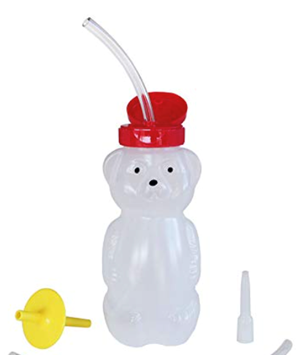 Bear-shaped, clear plastic water bottle with a red cap and straw. Yellow funnel and white spout are included.