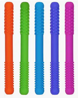 Five colorful, textured chew sticks: orange, green, blue, purple, and pink.