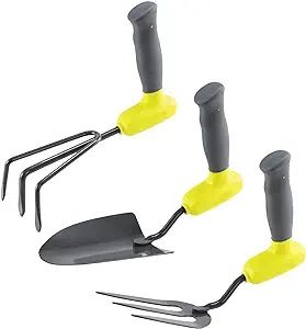 Set of three small gardening tools: rake, trowel, and cultivator with yellow and gray handles.