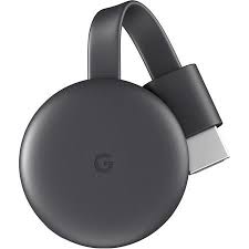 A black Google Chromecast device with attached HDMI connector.