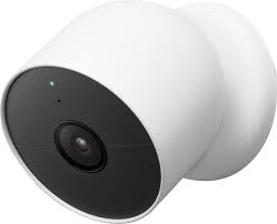 White Google Nest security camera; black lens, attached to a curved base.