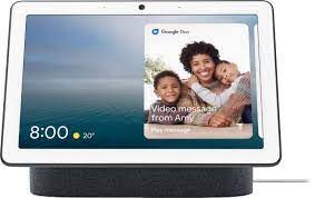 Google Nest Hub, showing a video message from Amy. A woman and two children smile.