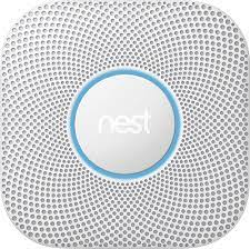 White Nest smoke and carbon monoxide detector with blue illuminated ring.