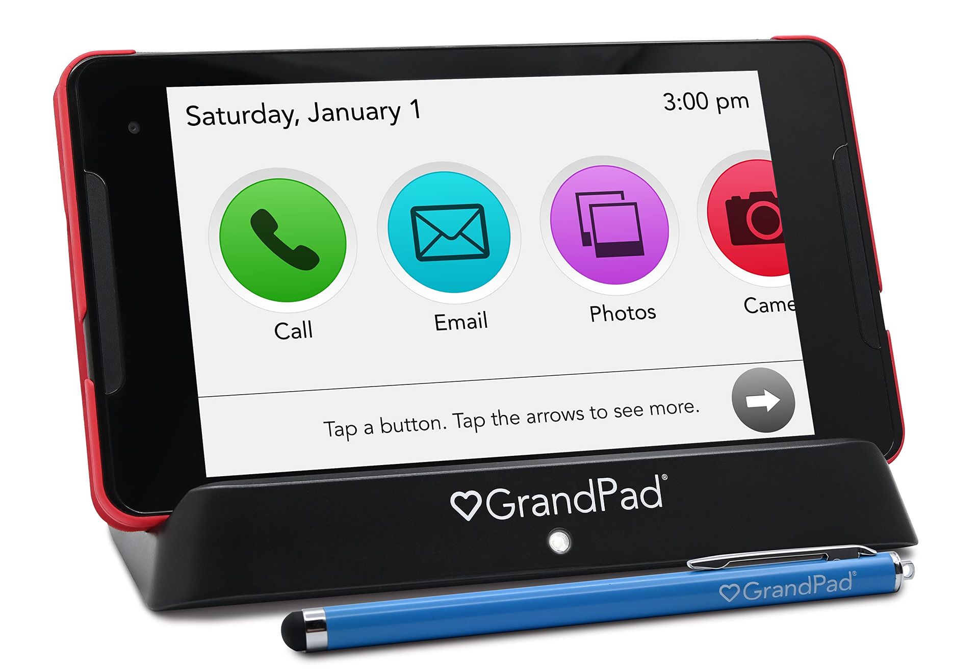 GrandPad tablet with simple icons and stylus in a charging base.