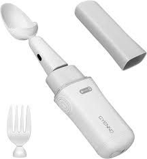 White Gyenno spoon and fork handle for people with tremors, with a detached cover.
