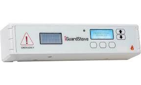 White iGuardStove device with digital displays, buttons, and warning symbols.