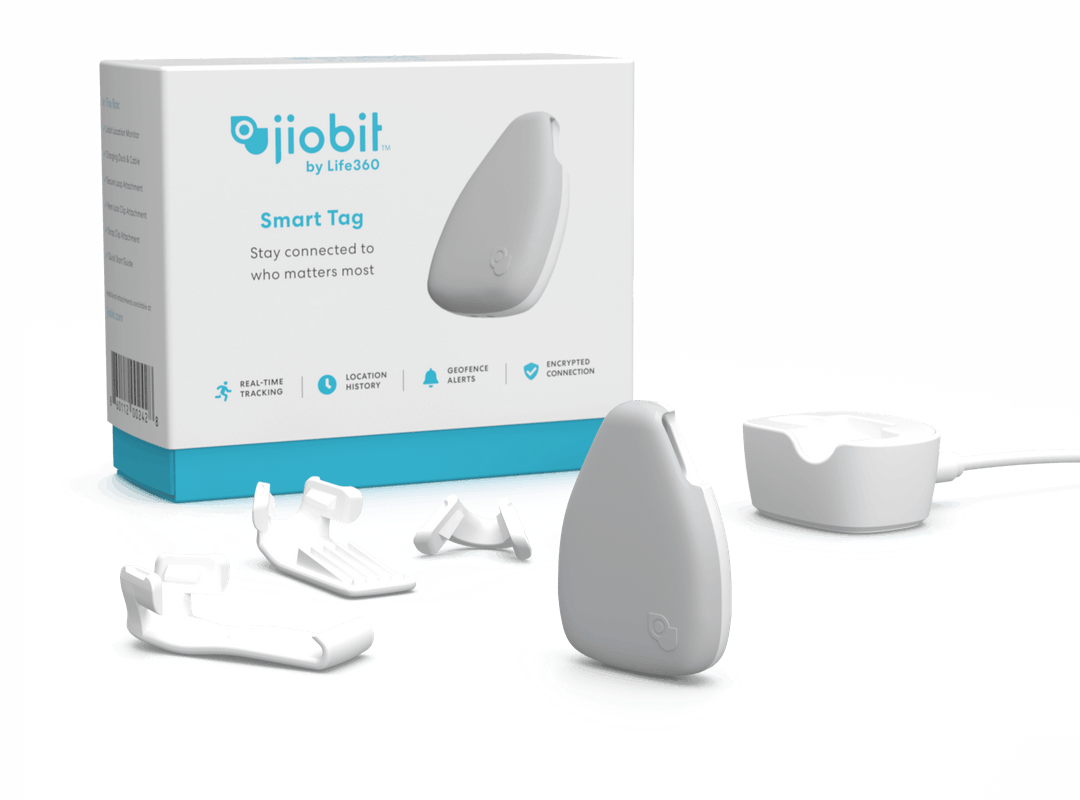 White Jiobit Smart Tag device, box, and accessories.