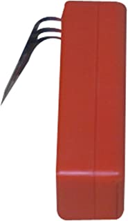 Red plastic block with three angled metal hooks protruding from its side.
