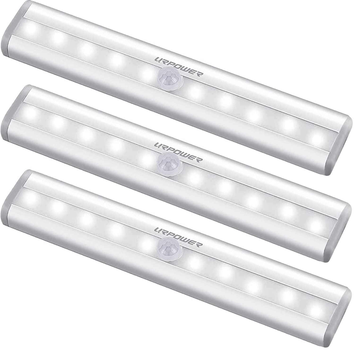 Three silver LED strip lights with motion sensors.
