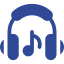 Blue headphones with musical note icon.