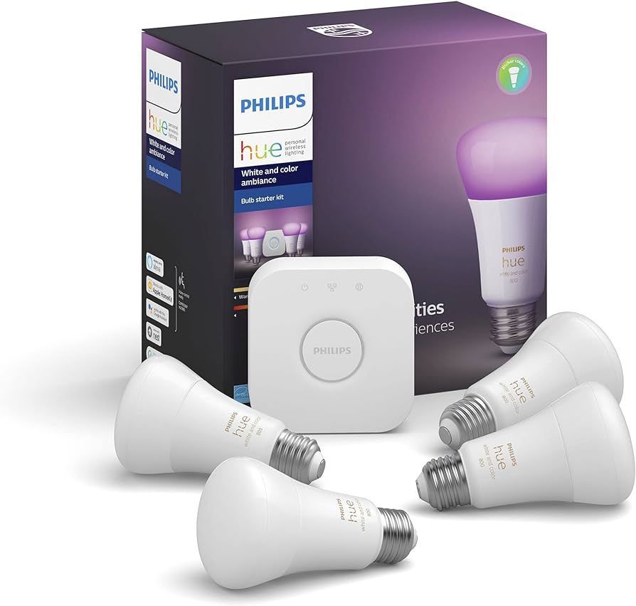 Philips Hue smart lighting kit: bulbs, hub, and box with color-changing light illustration.