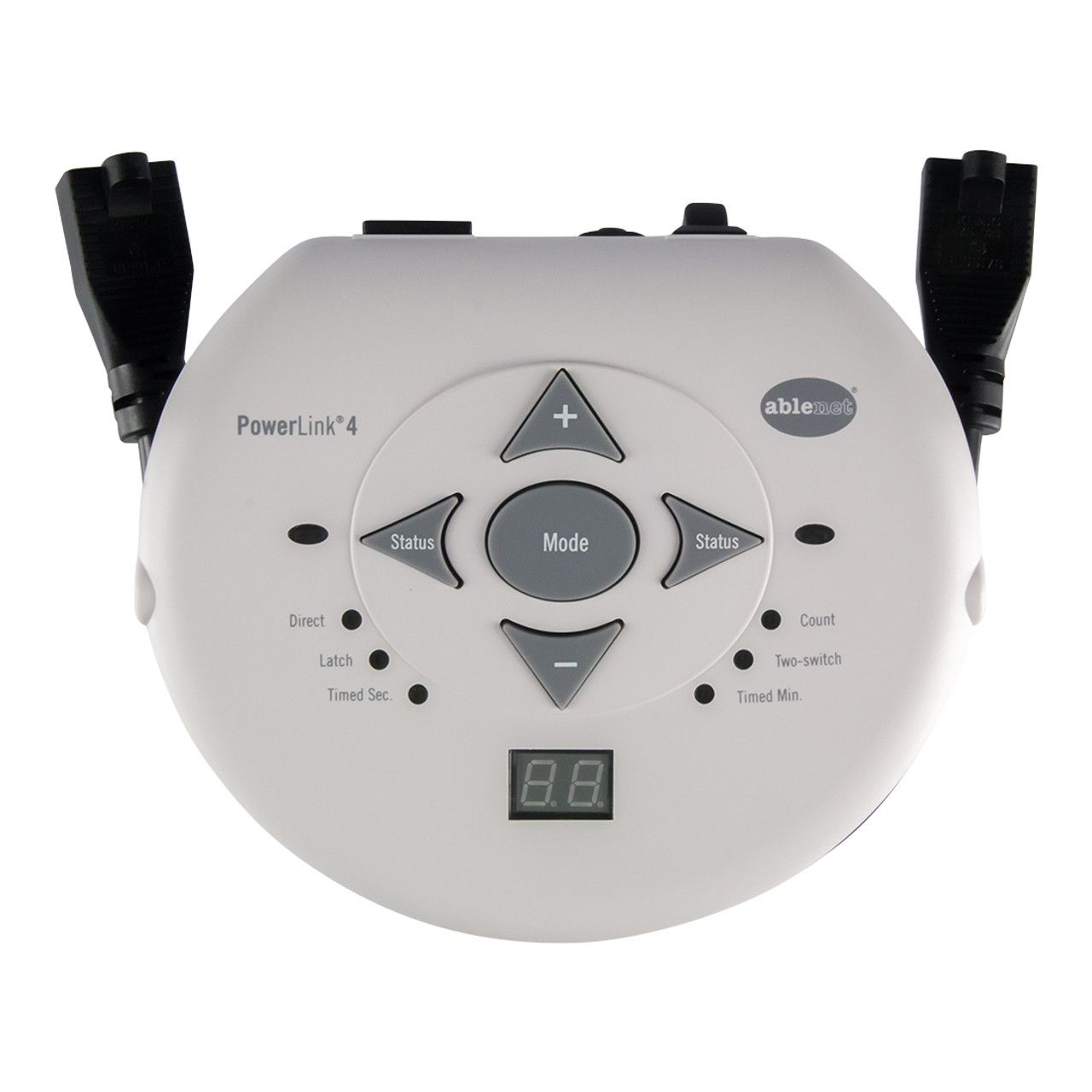 White, round Able Net PowerLink 4 device with a control panel, digital display, and two black power cords.