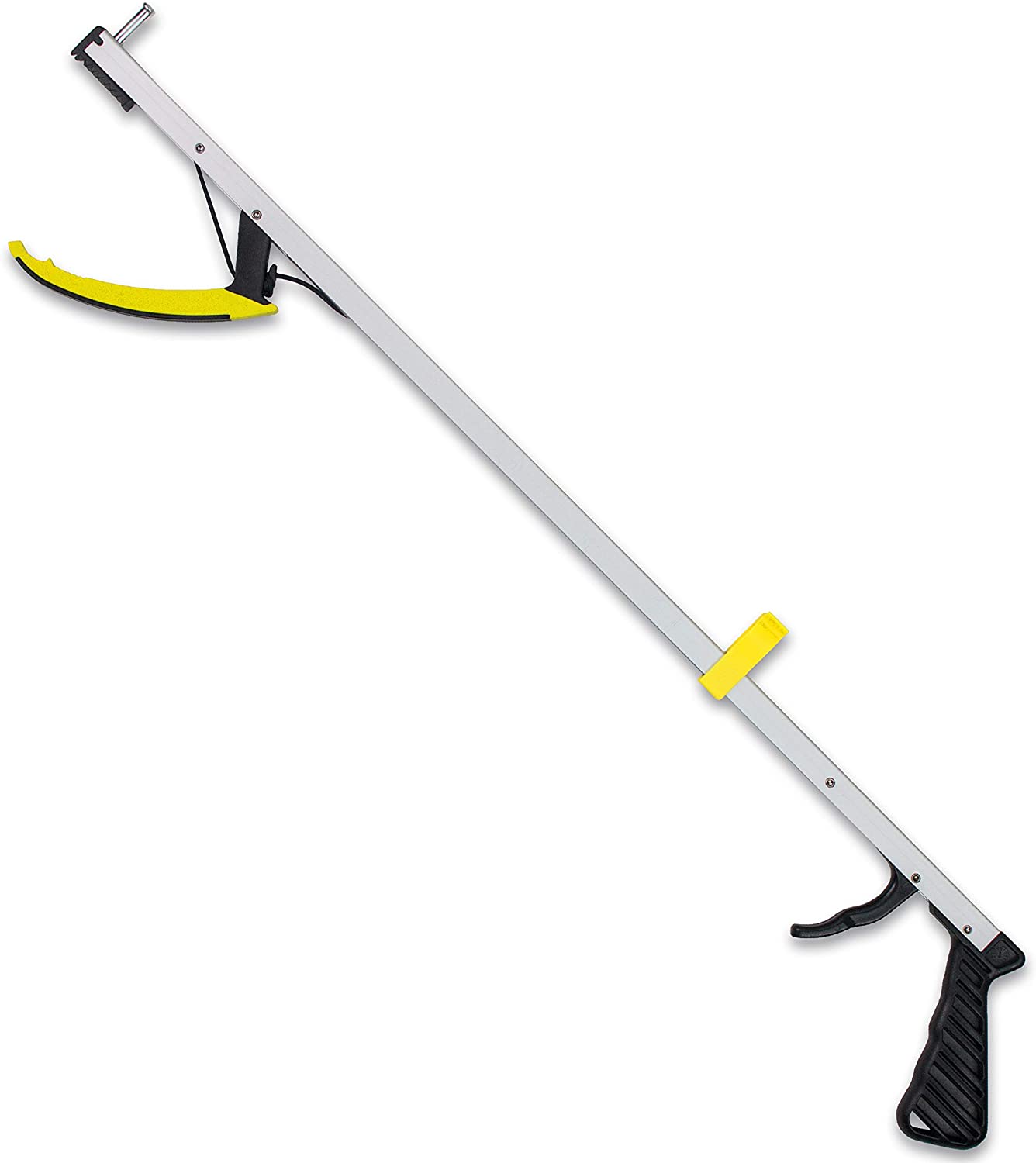 Long-handled reacher with yellow and black grip, for picking up objects.