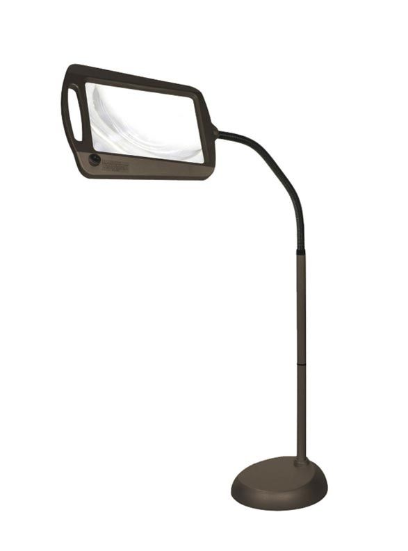 Brown magnifying floor lamp with flexible neck and round base.