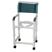 White shower chair with teal mesh back and arms; it has a toilet seat opening.